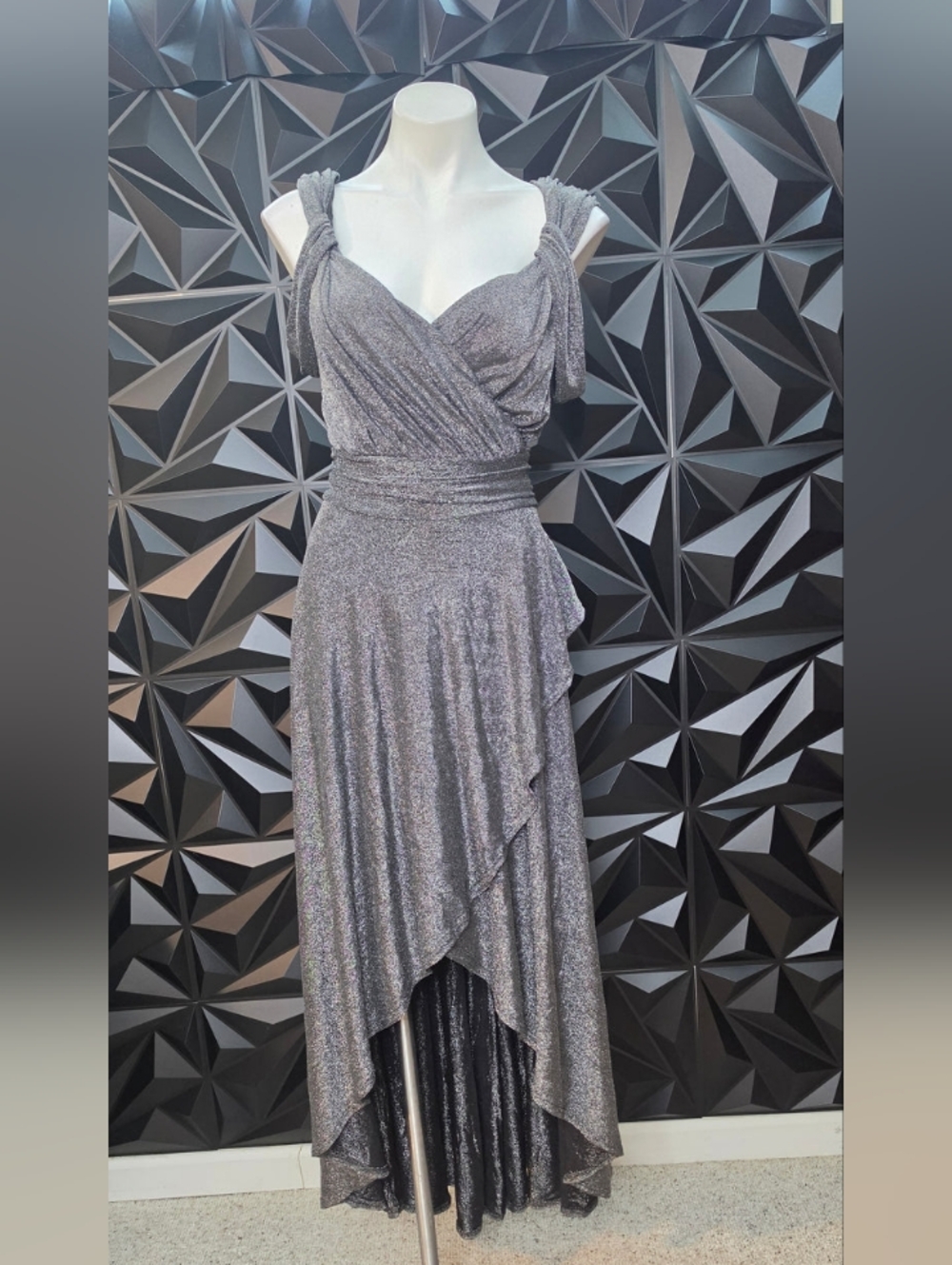 Sparkling Silver High-Low Wrap Evening Dress